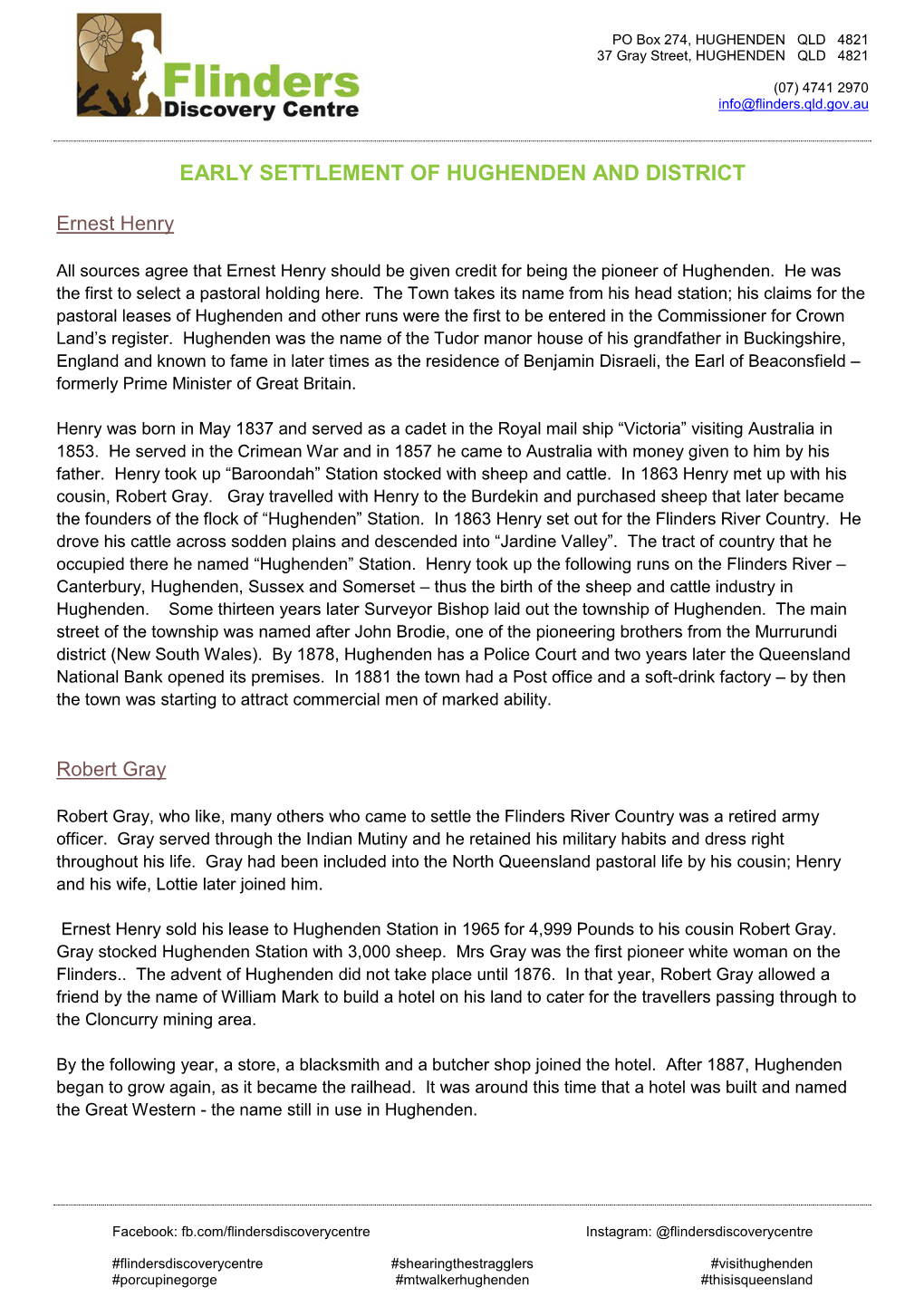 Early Settlement of Hughenden and District