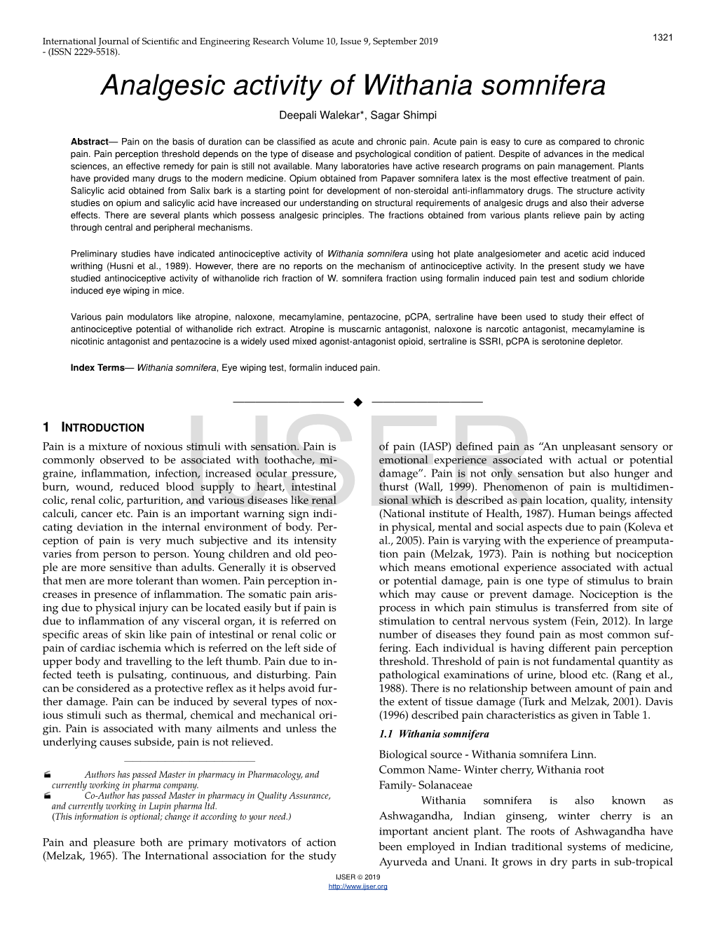 Analgesic Activity of Withania Somnifera Deepali Walekar*, Sagar Shimpi