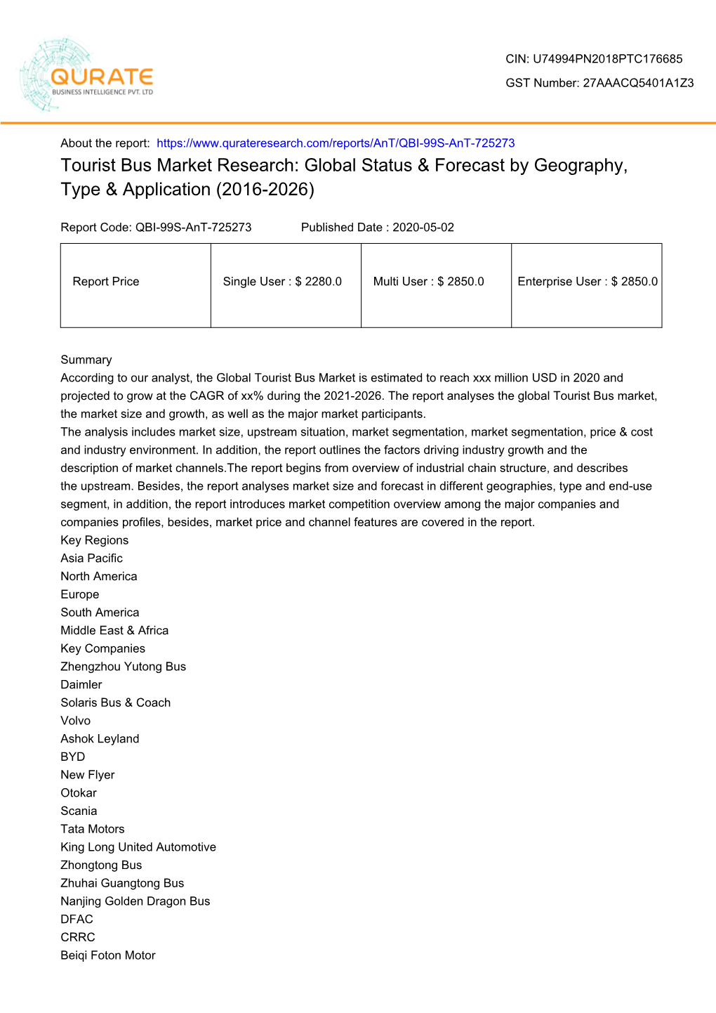 Tourist Bus Market Research: Global Status & Forecast by Geography, Type & Application (2016-2026)