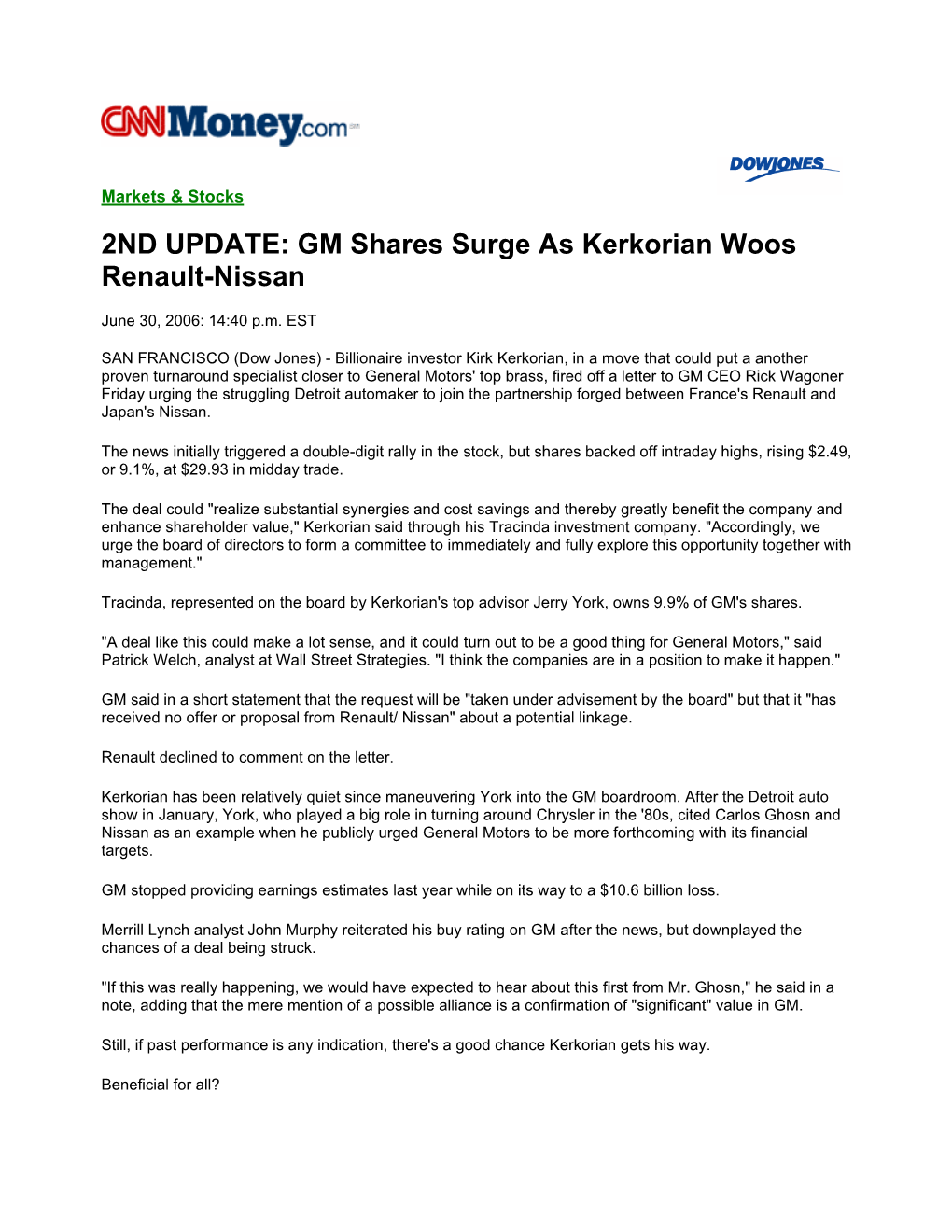 GM Shares Surge As Kerkorian Woos Renault-Nissan