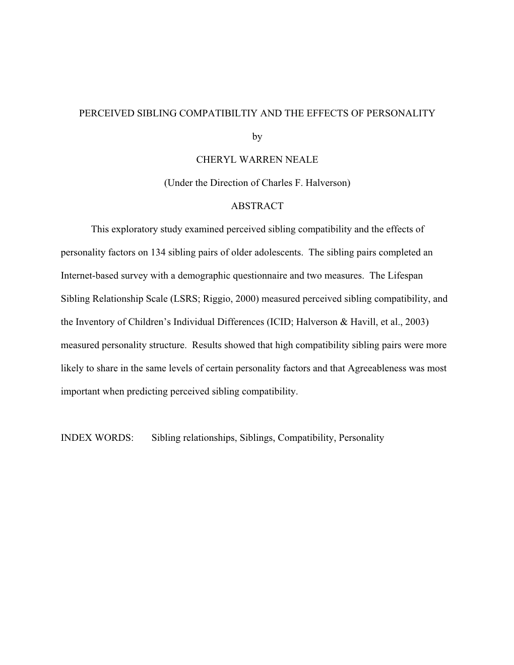 Perceived Sibling Compatibiltiy and the Effects of Personality