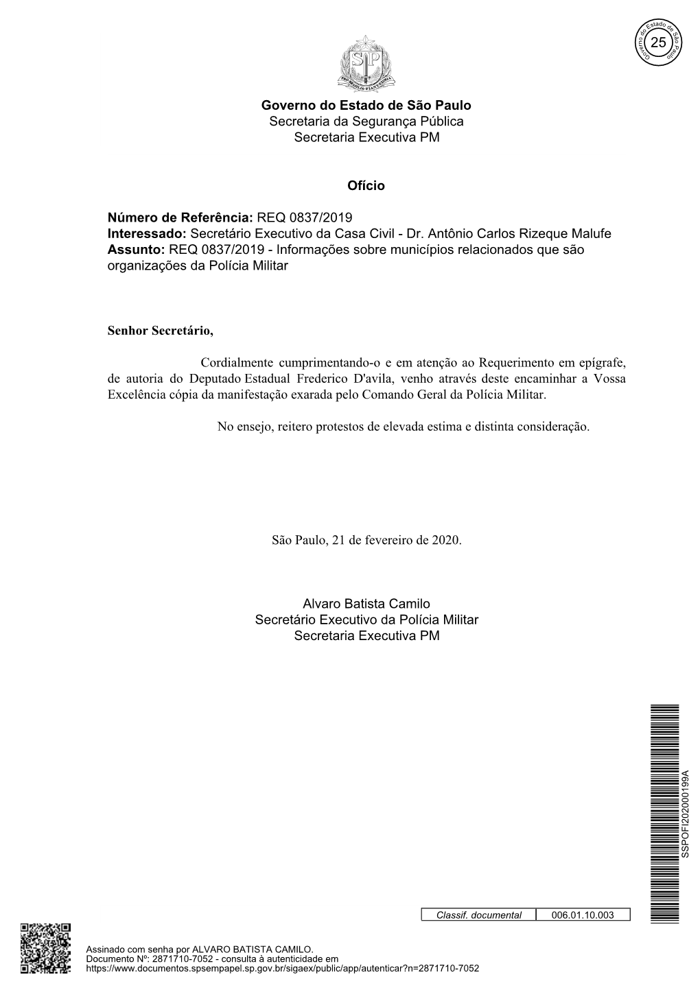 Ofício Número De Referência: REQ 0837/2019 Interessado: Secretário Executivo Da Casa Civil