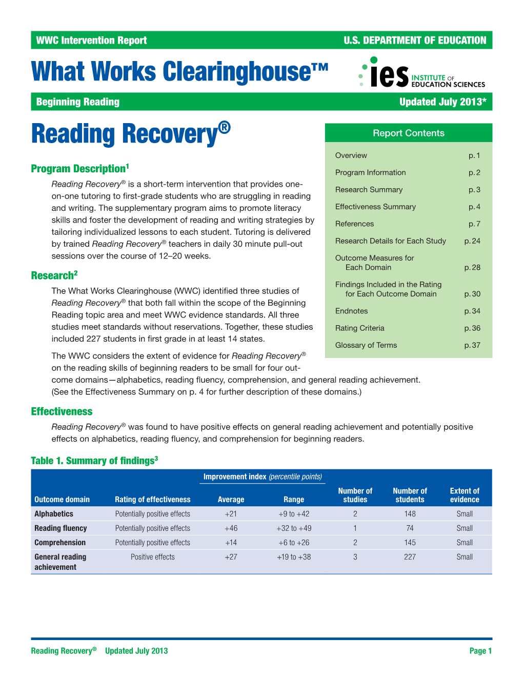 Reading Recovery Report Contents Overview P