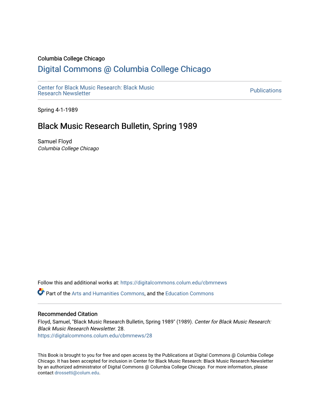 Black Music Research Bulletin, Spring 1989