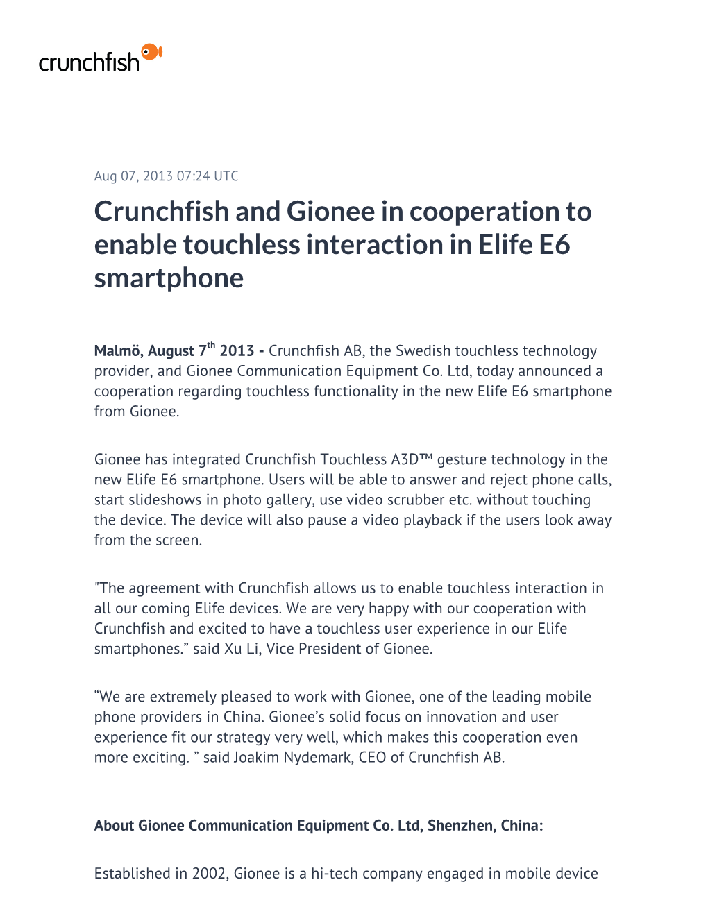 Crunchfish and Gionee in Cooperation to Enable Touchless Interaction in Elife E6 Smartphone