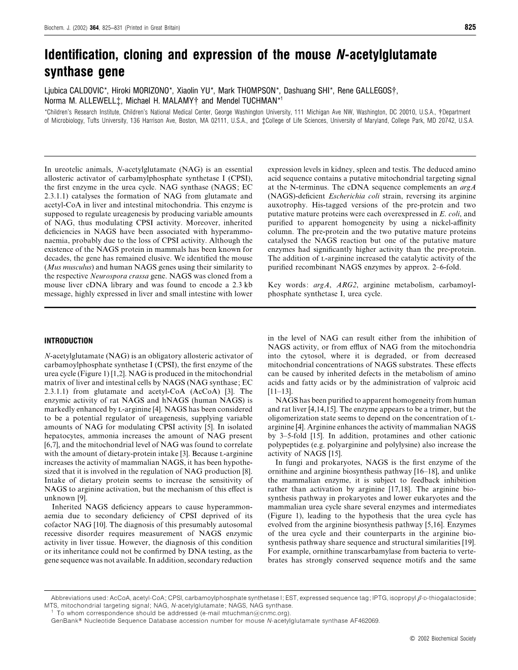 Identification, Cloning and Expression of the Mouse N-Acetylglutamate Synthase Gene