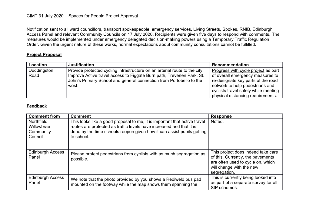 CIMT 31 July 2020 – Spaces for People Project Approval