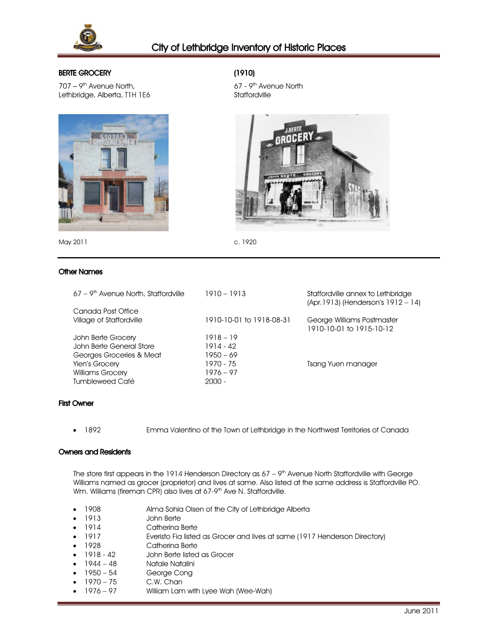 City of Lethbridge Inventory of Historic Places