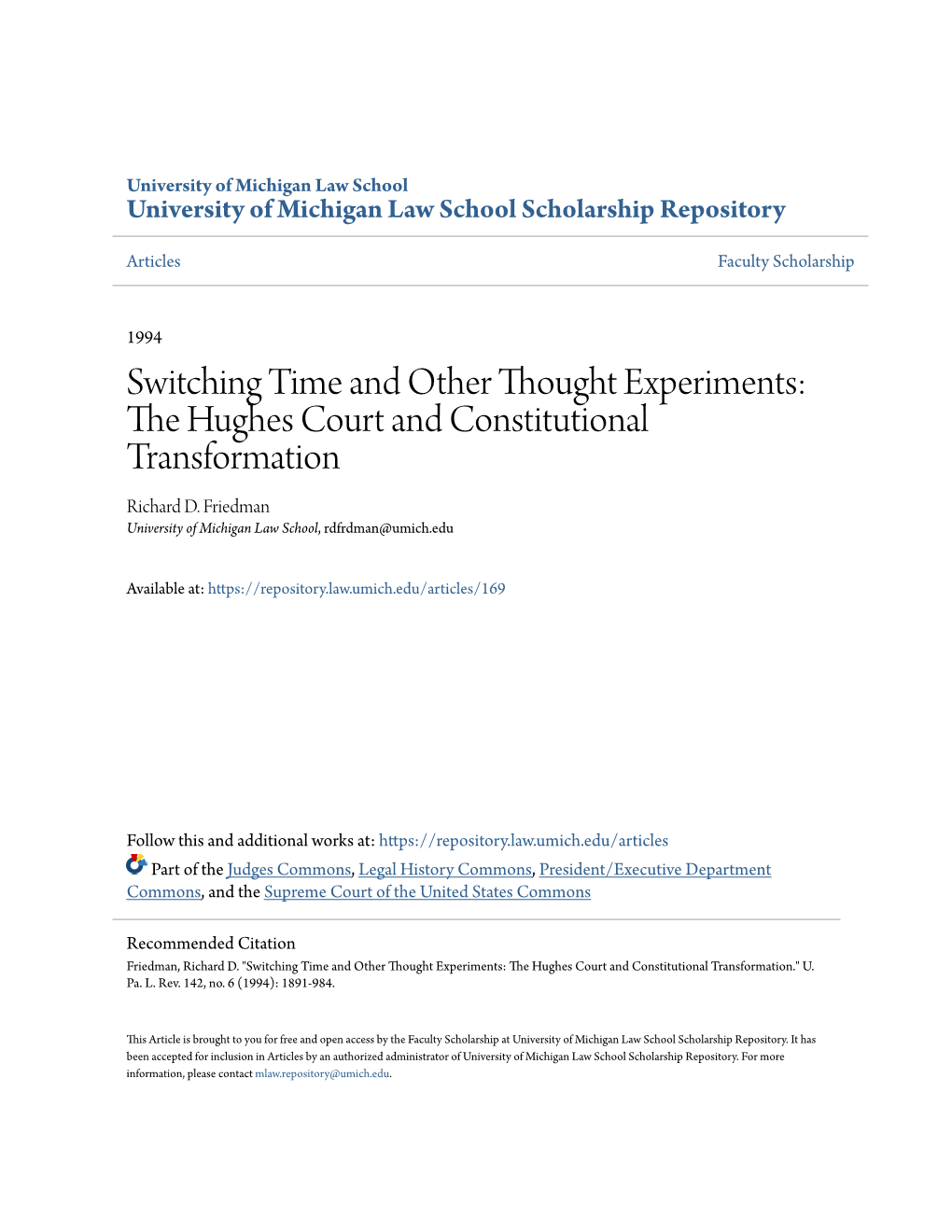 Switching Time and Other Thought Experiments: the Hughes Court and Constitutional Transformation