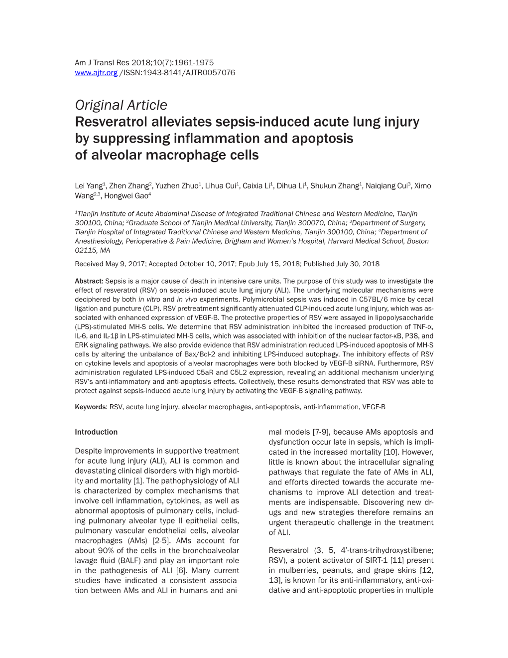 Original Article Resveratrol Alleviates Sepsis-Induced Acute Lung Injury by Suppressing Inflammation and Apoptosis of Alveolar Macrophage Cells