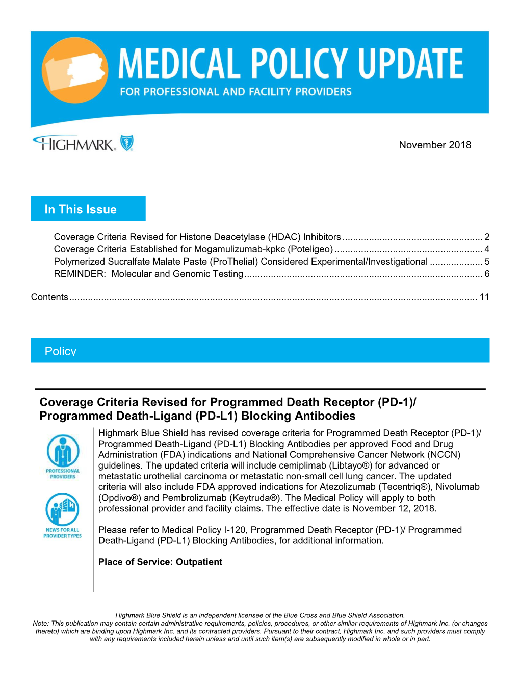 Medical Policy Update: November 2018