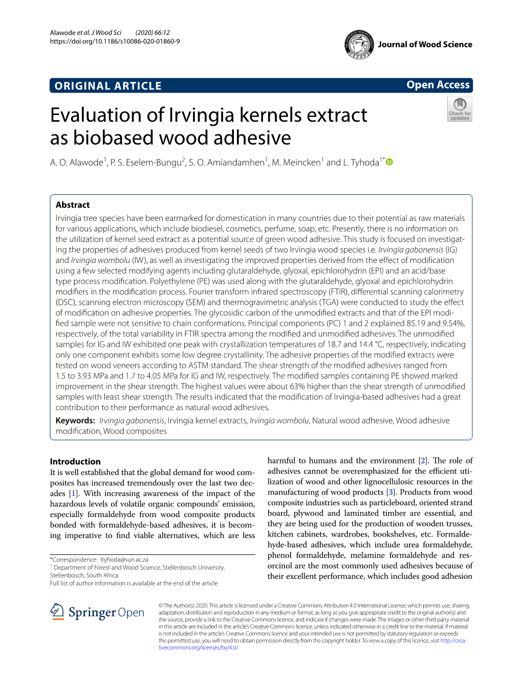 Evaluation of Irvingia Kernels Extract As Biobased Wood Adhesive A