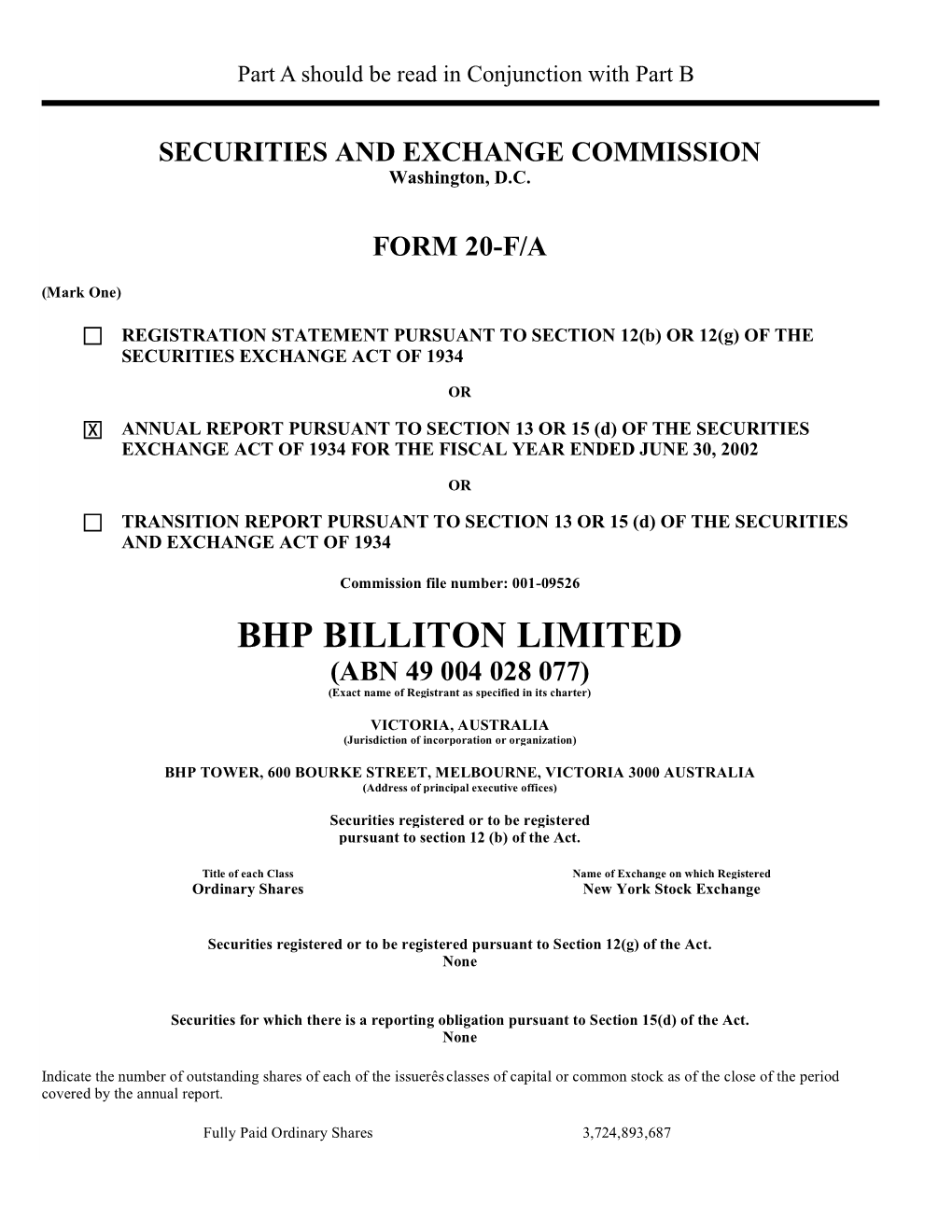 2002 BHP Billiton Limited Group SEC Form 20-F/A