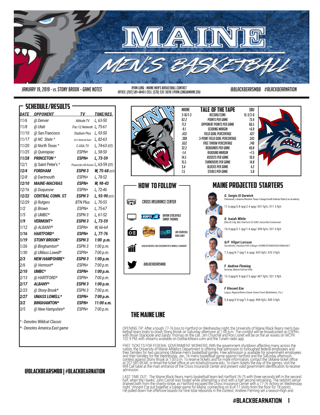 MAINE PROJECTED STARTERS 12/16 @ Duquesne ESPN+ L, 72-46 12/22 CENTRAL CONN