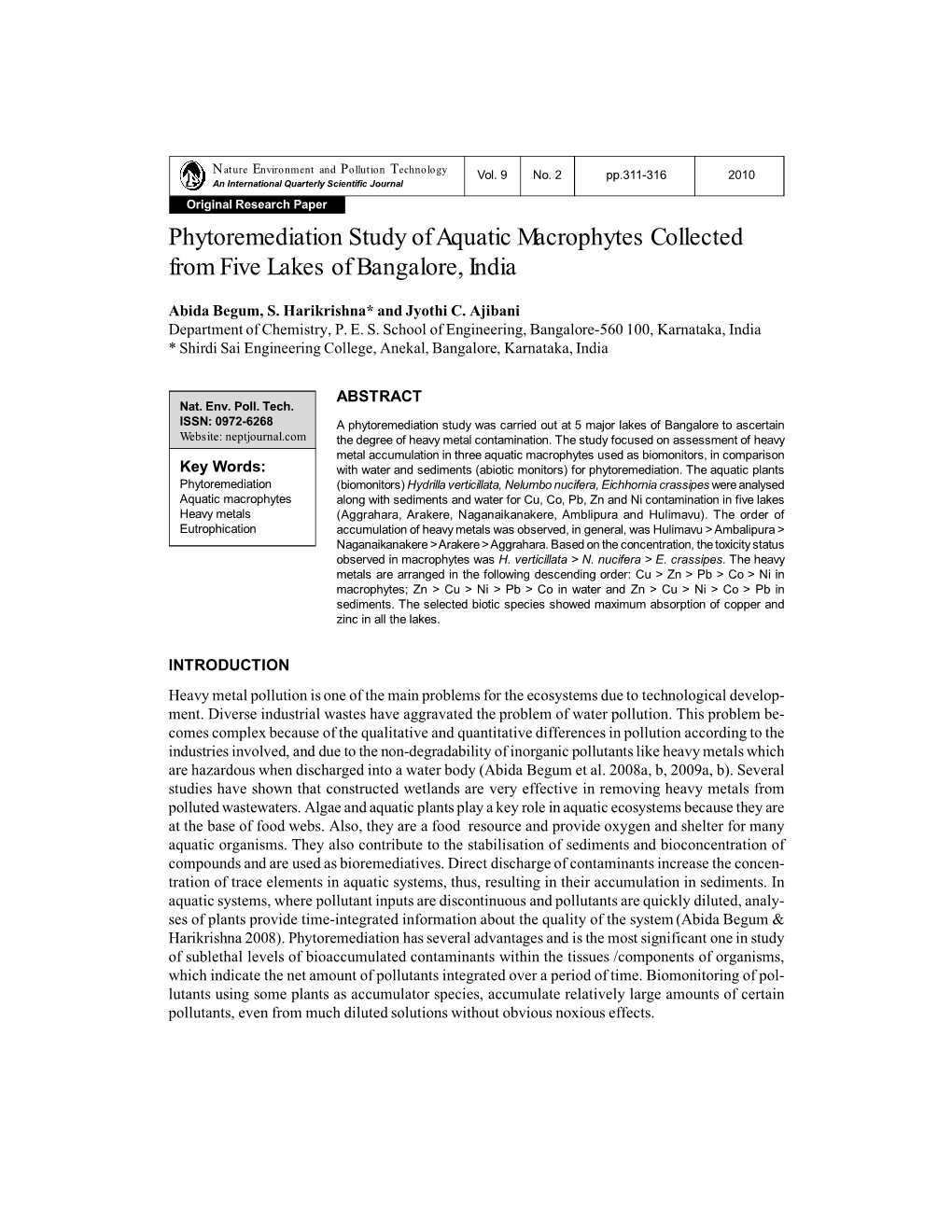 Phytoremediation Study of Aquatic Macrophytes Collected from Five Lakes of Bangalore, India