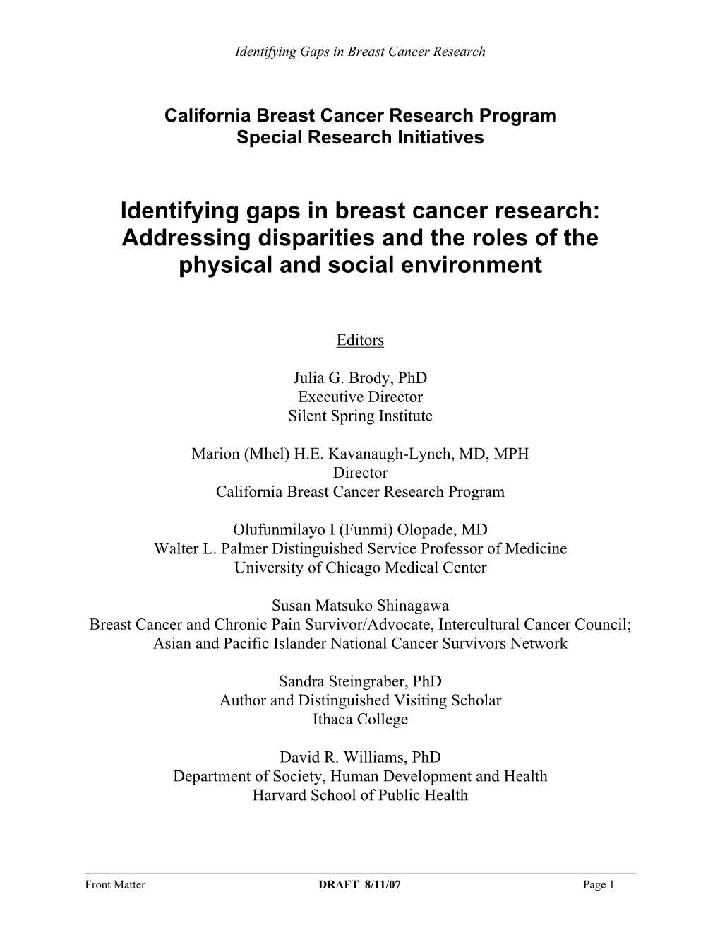 California Breast Cancer Research Program Special Research Initiatives