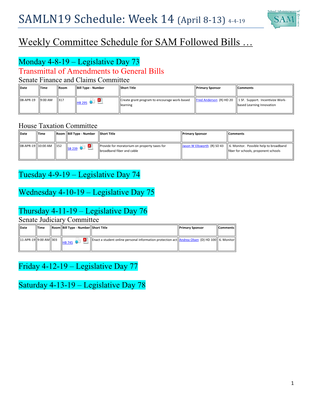 SAMLN19 Schedule: Week 14 (April 8-13) 4-4-19