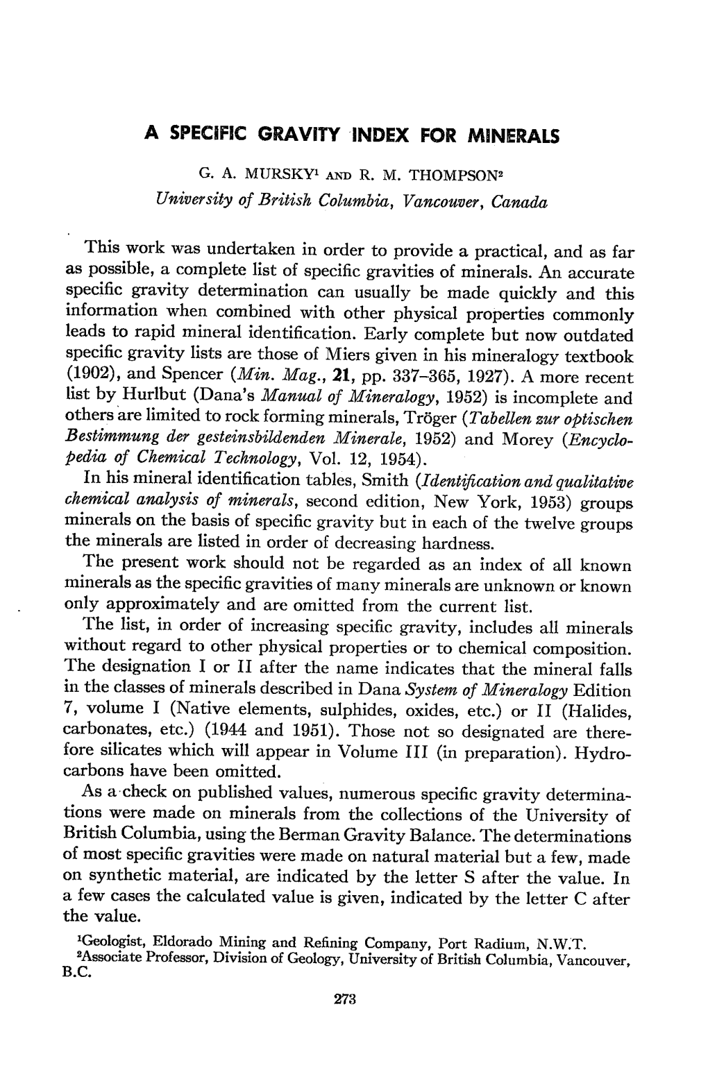 A Specific Gravity Index for Minerats