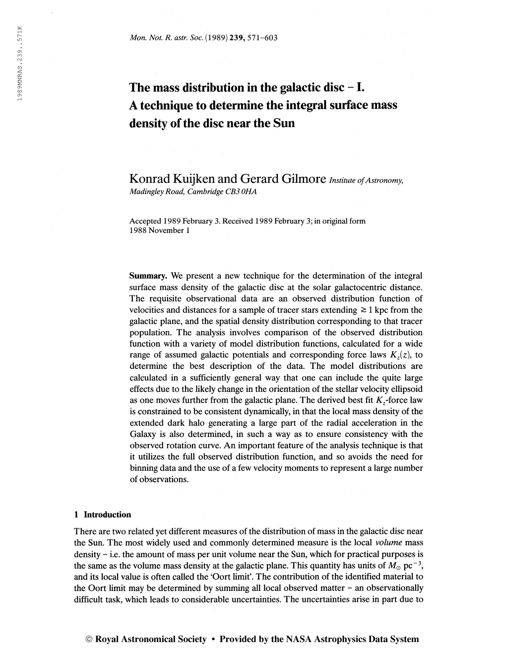 198 9MNRAS.239. .571K Mon. Not. R. Astr. Soc. (1989) 239, 571-603 the Mass Distribution in the Galactic Disc