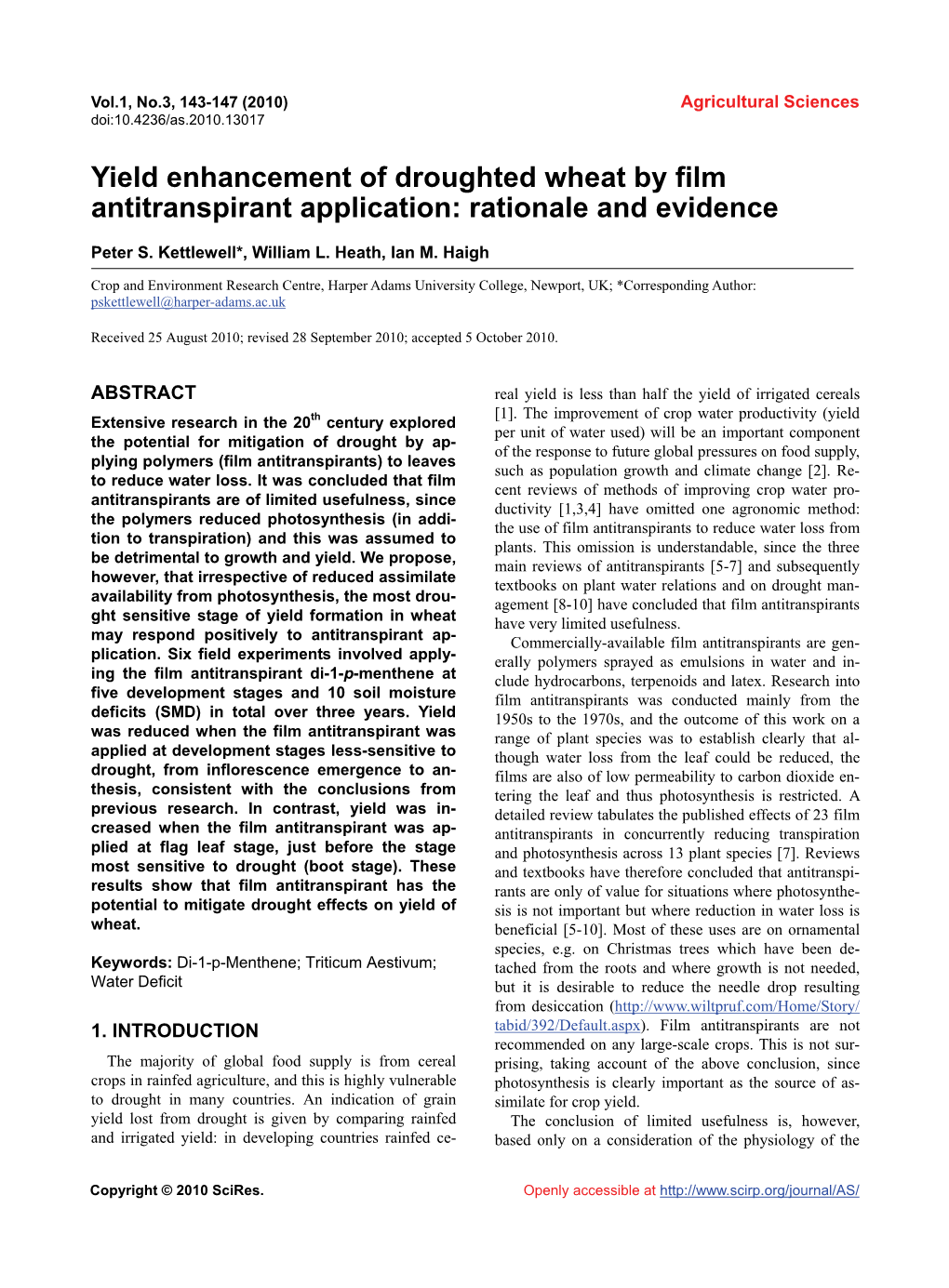 Yield Enhancement of Droughted Wheat by Film Antitranspirant Application: Rationale and Evidence
