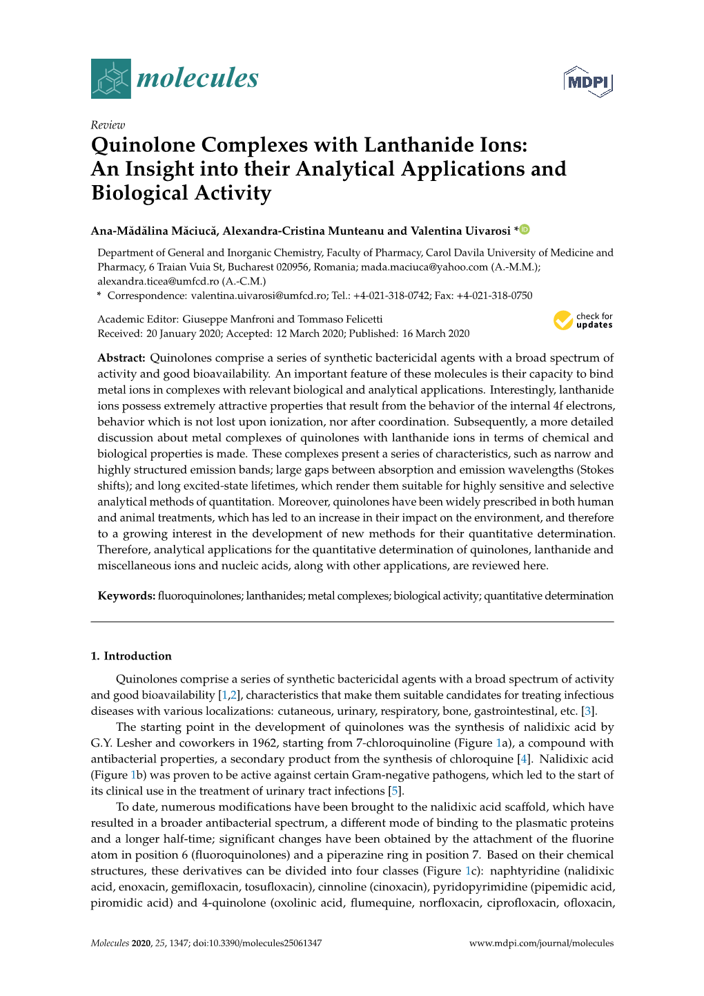 Quinolone Complexes with Lanthanide Ions: an Insight Into Their Analytical Applications and Biological Activity