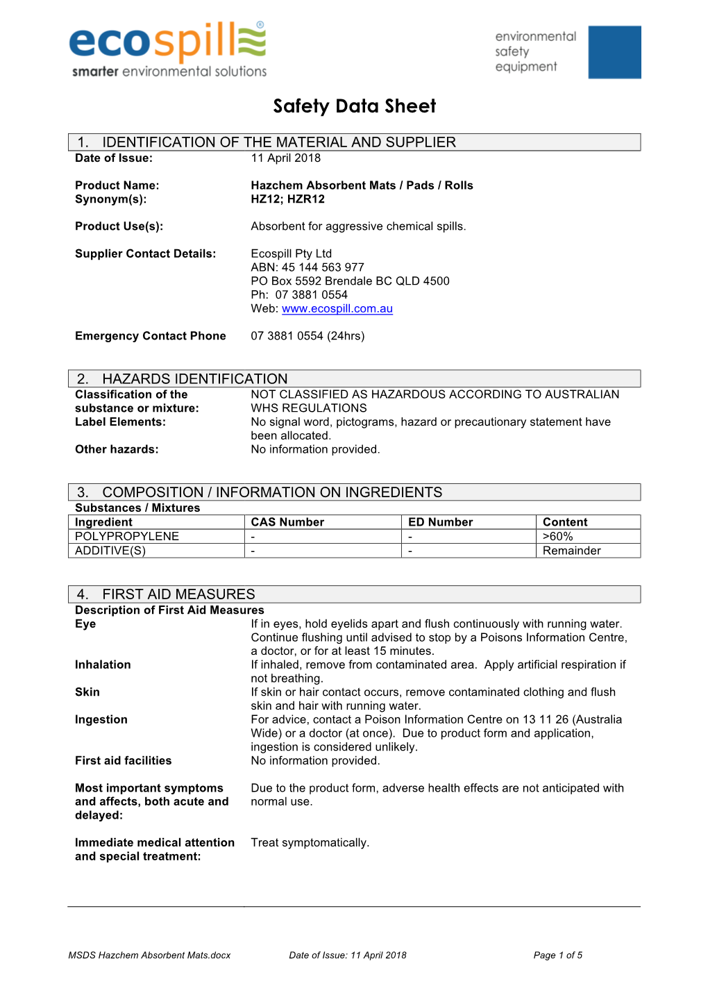 MSDS Hazchem Absorbent Mats.Docx Date of Issue: 11 April 2018 Page 1 of 5