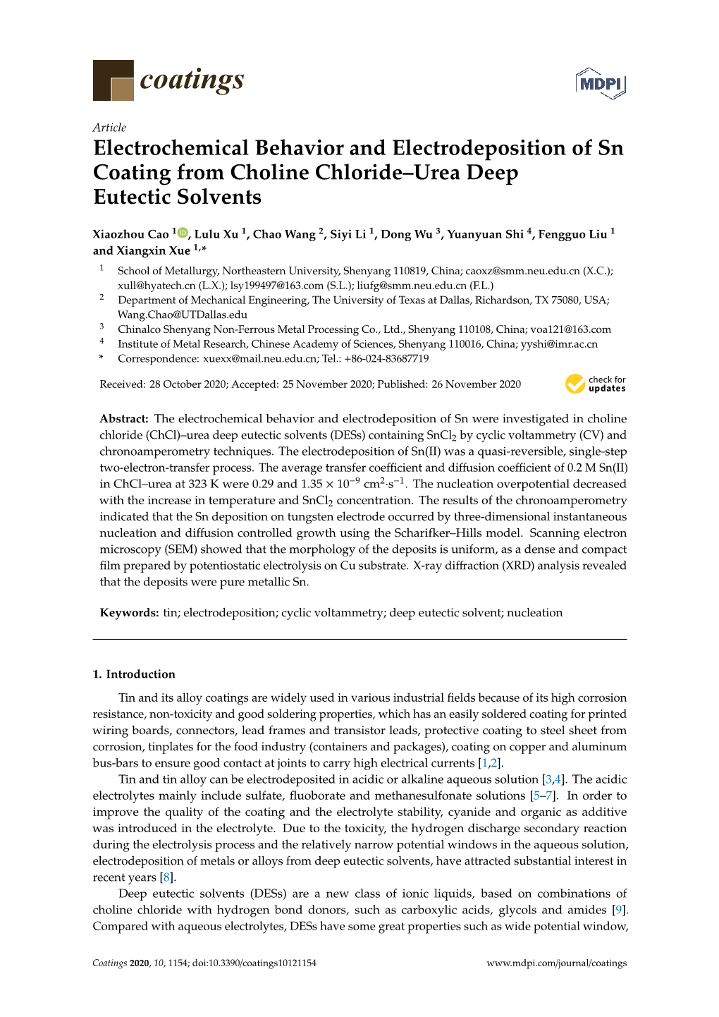 Electrochemical Behavior and Electrodeposition of Sn Coating from Choline Chloride–Urea Deep Eutectic Solvents