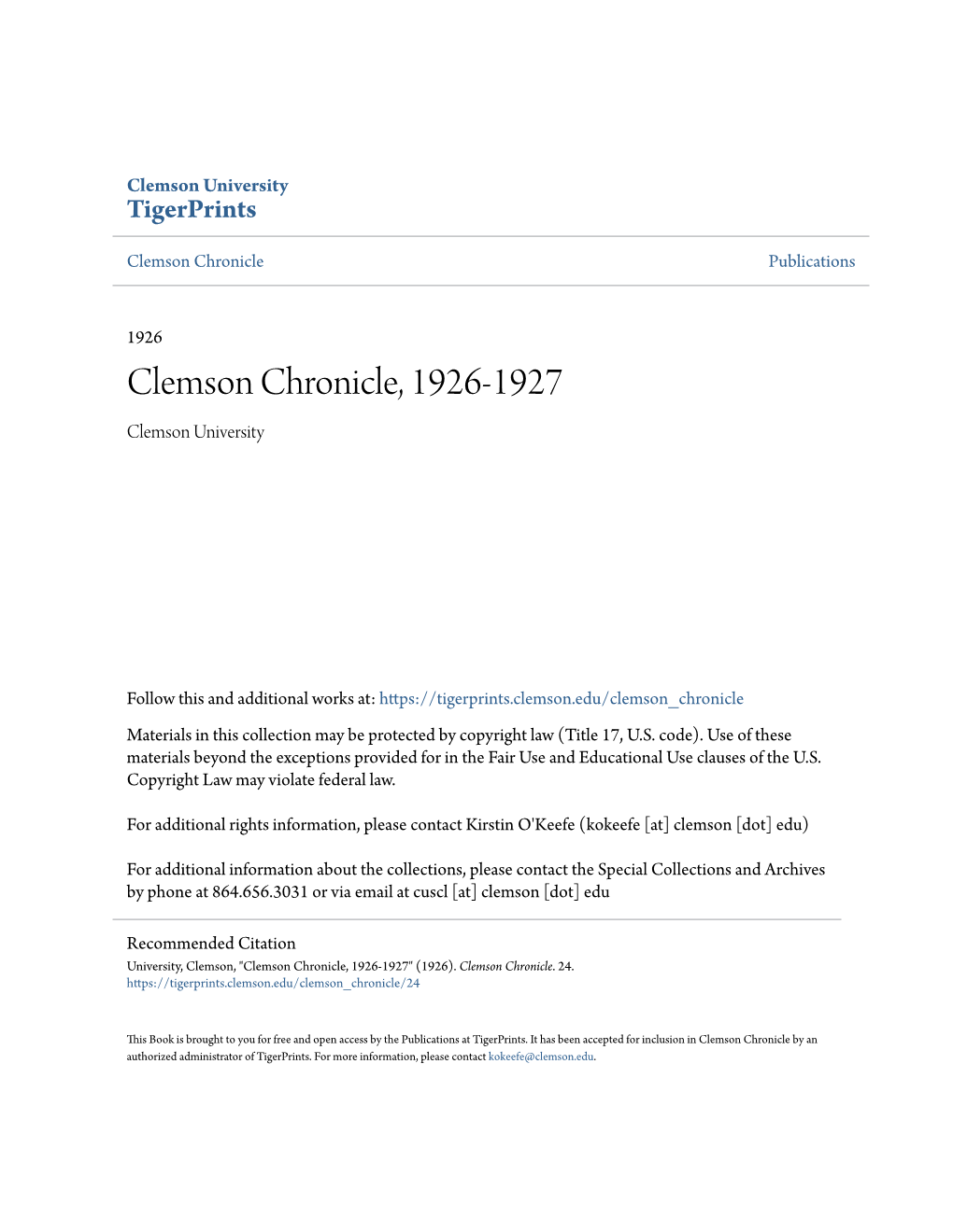 Clemson Chronicle, 1926-1927 Clemson University