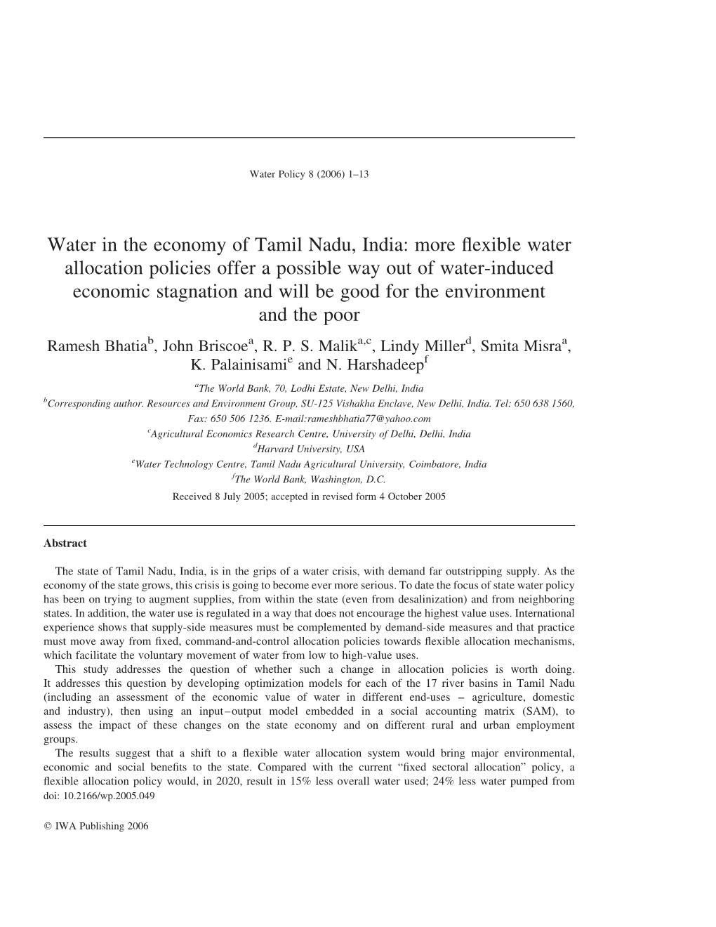 Water in the Economy of Tamil Nadu, India