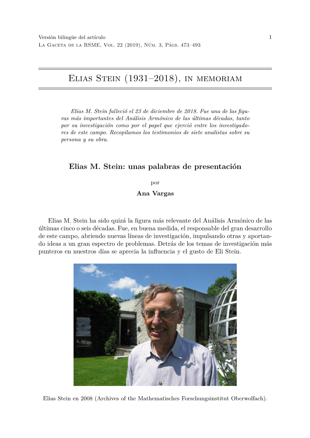 Elias Stein (1931–2018), in Memoriam