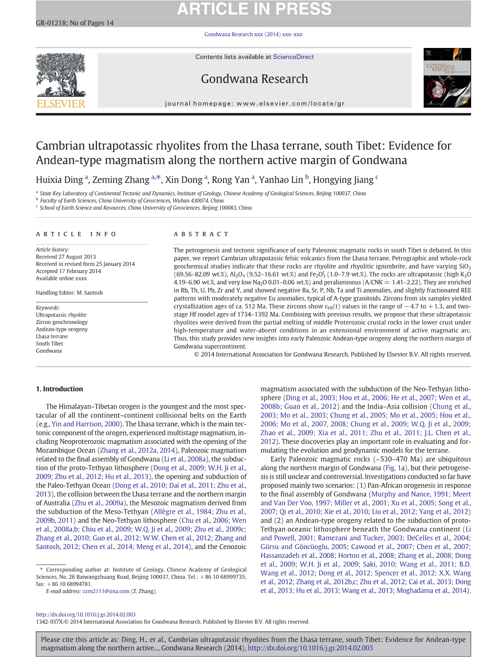 Cambrian Ultrapotassic Rhyolites from the Lhasa Terrane, South Tibet: Evidence for Andean-Type Magmatism Along the Northern Active Margin of Gondwana