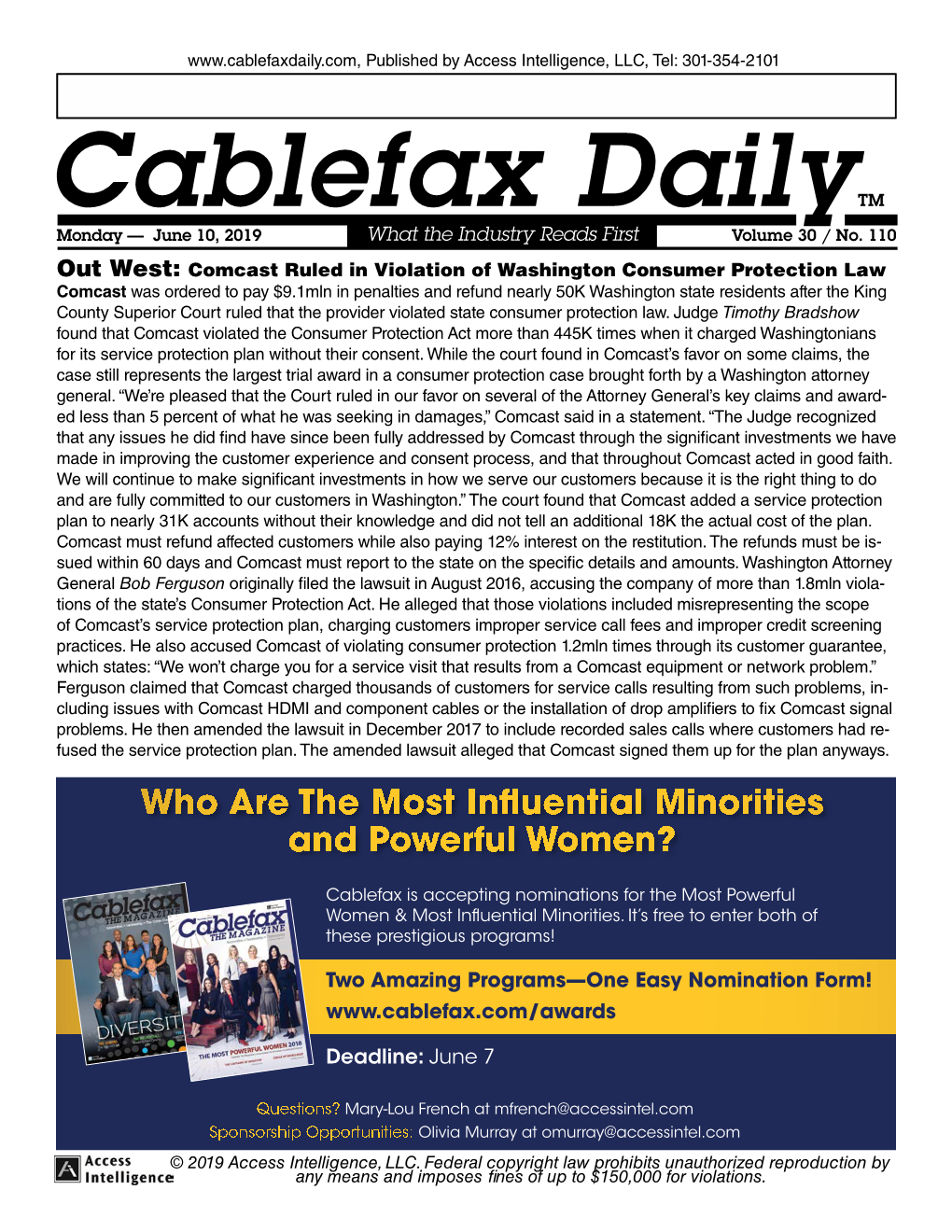 Cablefax Dailytm Monday — June 10, 2019 What the Industry Reads First Volume 30 / No