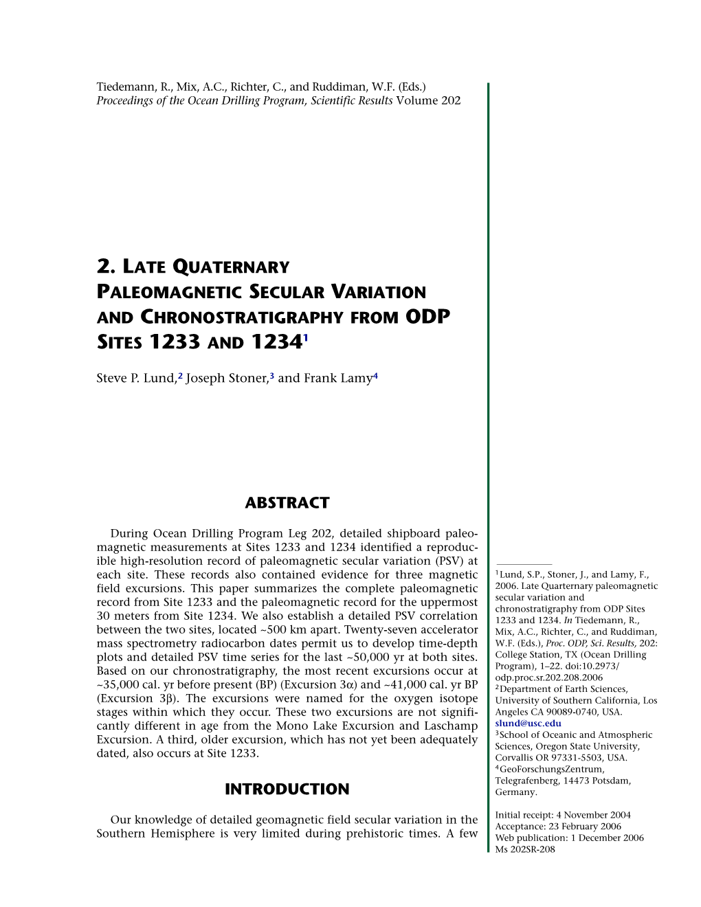 2. Late Quaternary Paleomagnetic Secular Variation and Chronostratigraphy from Odp Sites 1233 and 12341