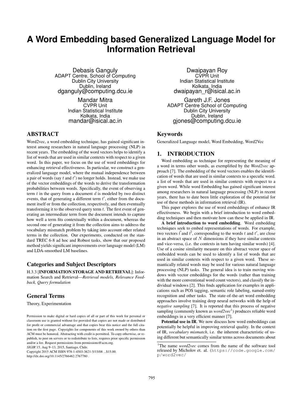 A Word Embedding Based Generalized Language Model for Information Retrieval