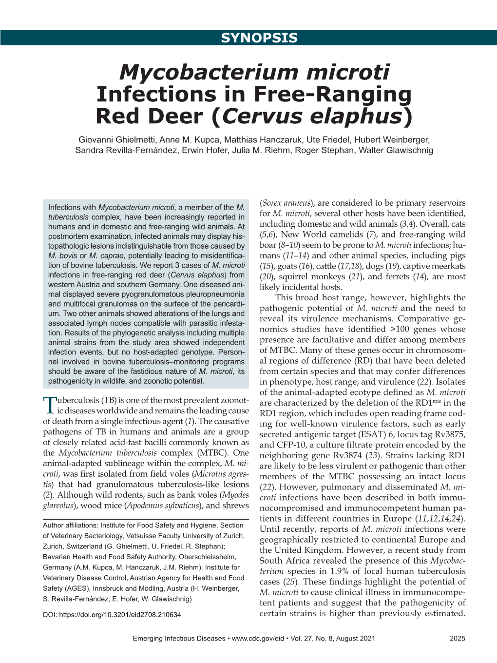 Mycobacterium Microti Infections in Free-Ranging Red Deer (Cervus Elaphus) Giovanni Ghielmetti, Anne M