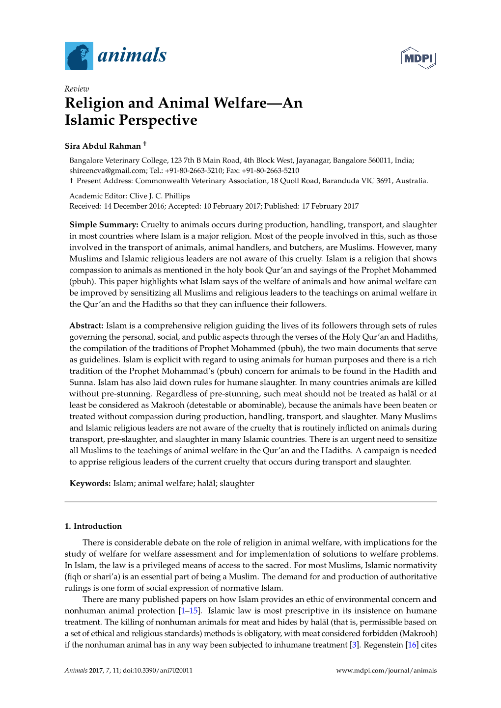 Religion and Animal Welfare—An Islamic Perspective