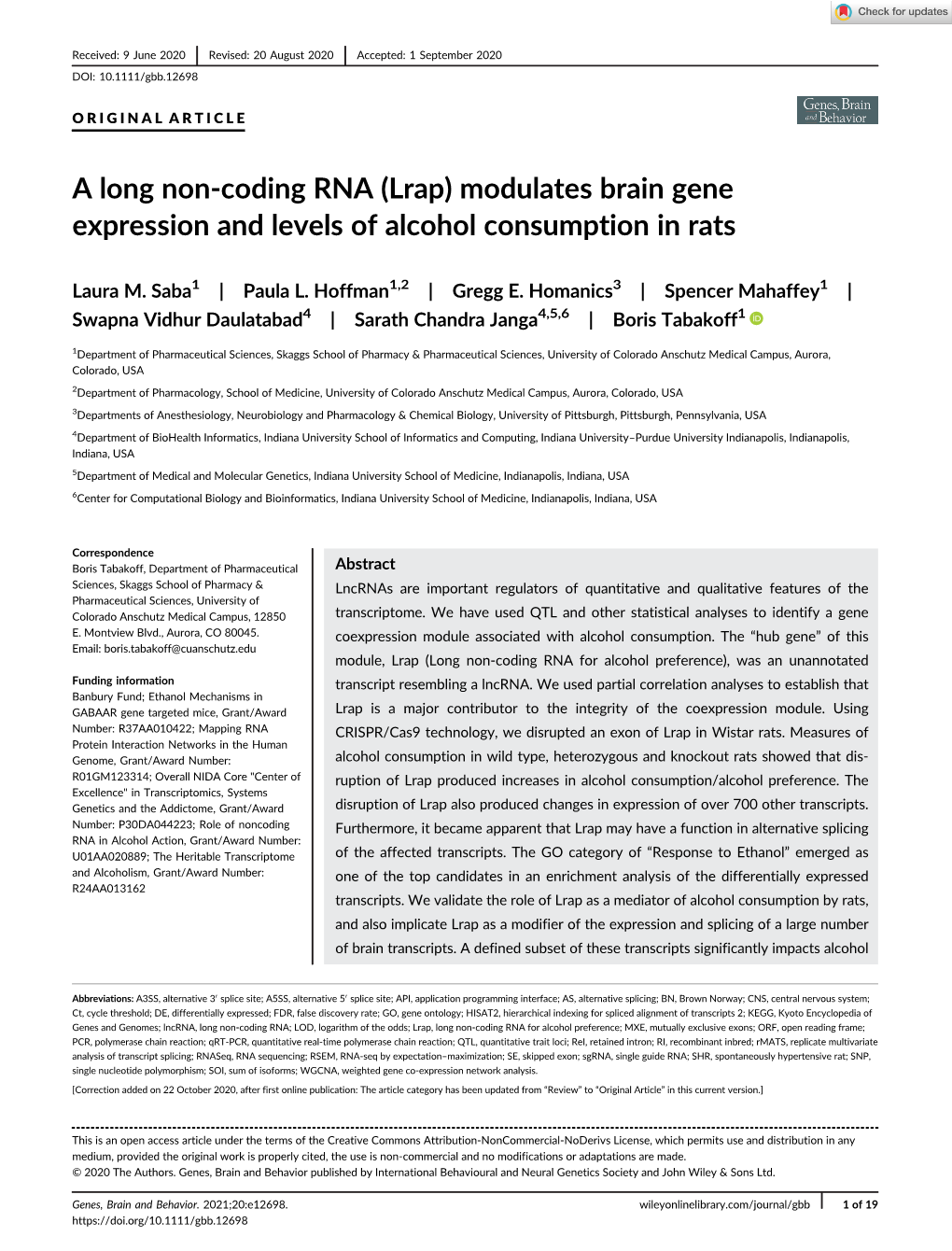 A Long Non‐Coding RNA (Lrap) Modulates Brain Gene Expression