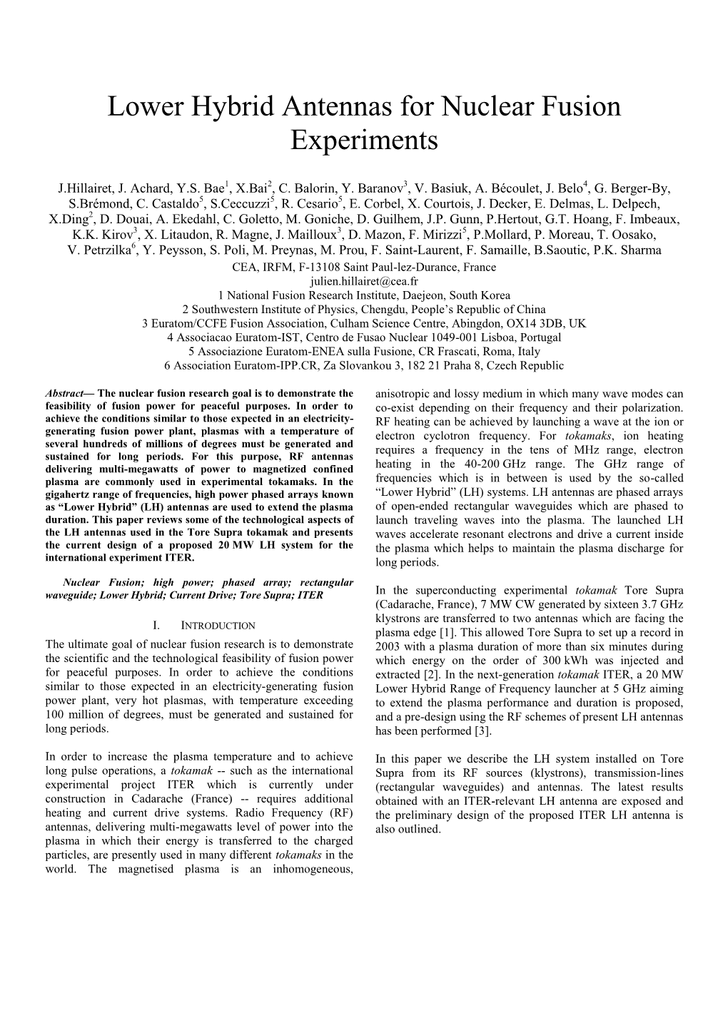 Lower Hybrid Antennas for Nuclear Fusion Experiments