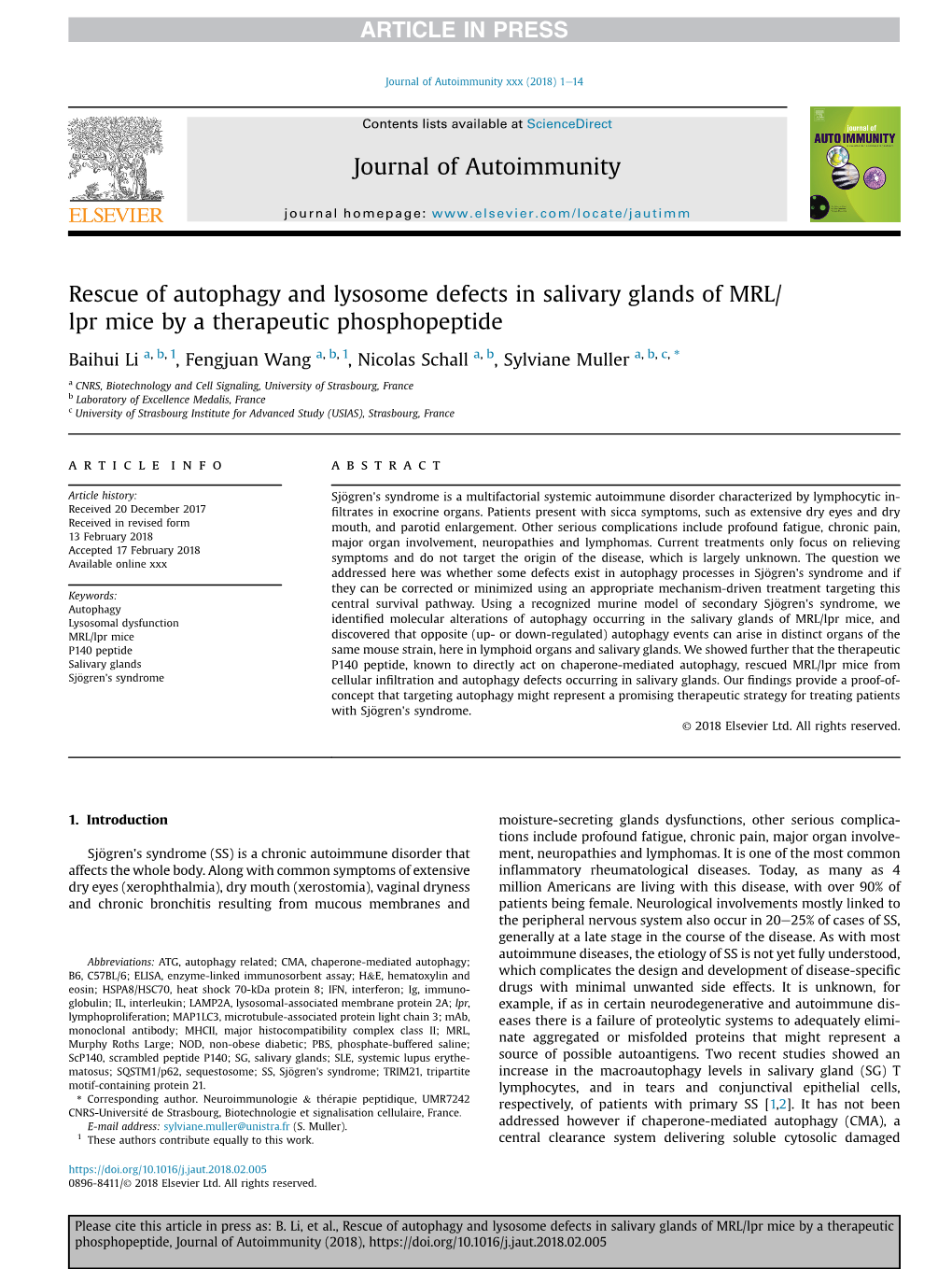 Rescue of Autophagy and Lysosome Defects in Salivary Glands of MRL/ Lpr Mice by a Therapeutic Phosphopeptide