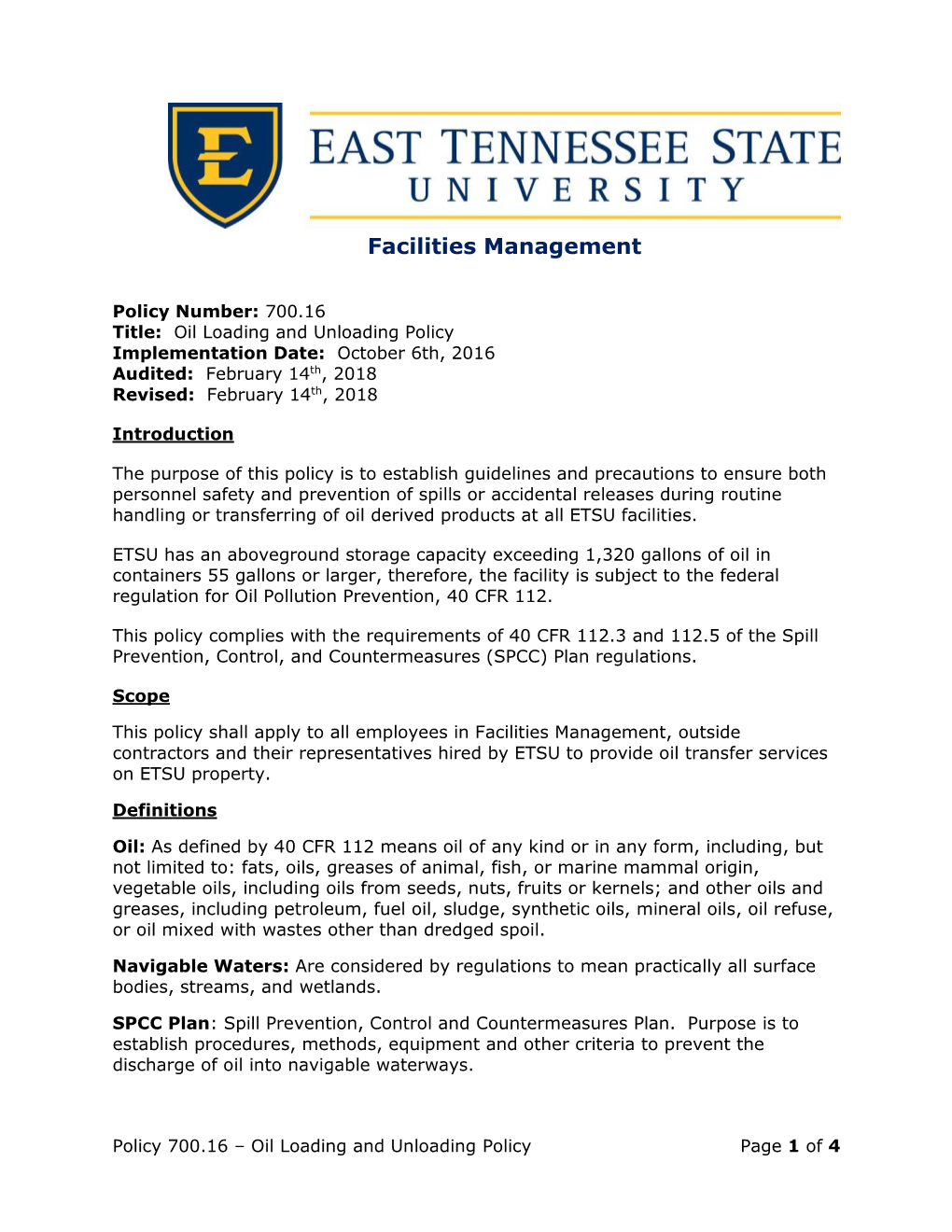 700.16 Oil Loading and Unloading Policy