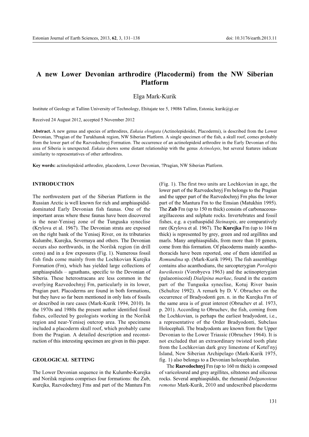 A New Lower Devonian Arthrodire (Placodermi) from the NW Siberian Platform