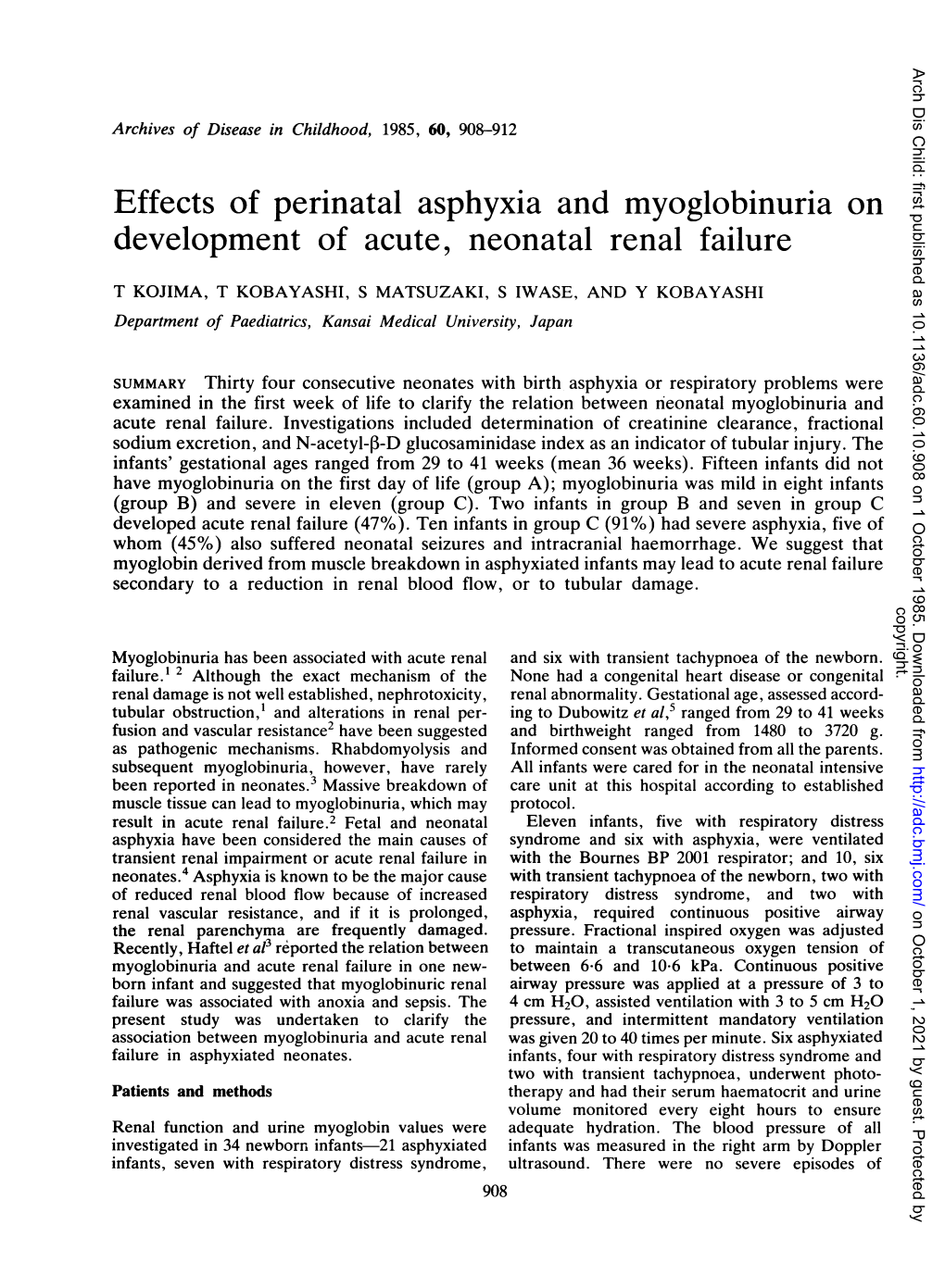 Effects of Perinatal Asphyxia and Myoglobinuria on Development of Acute, Neonatal Renal Failure