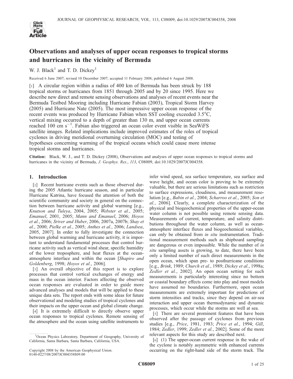 Observations and Analyses of Upper Ocean Responses to Tropical Storms and Hurricanes in the Vicinity of Bermuda W