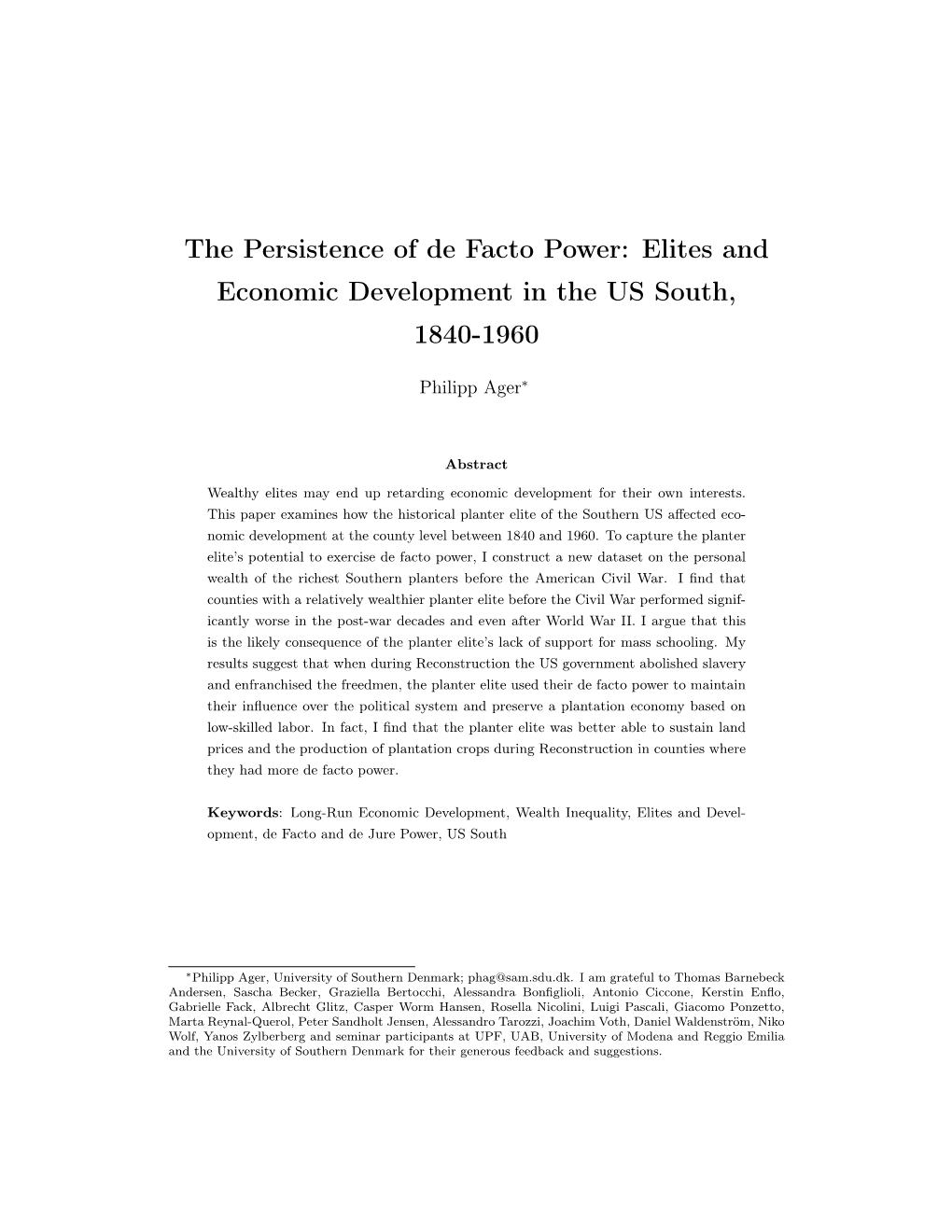 The Persistence of De Facto Power: Elites and Economic Development in the US South, 1840-1960