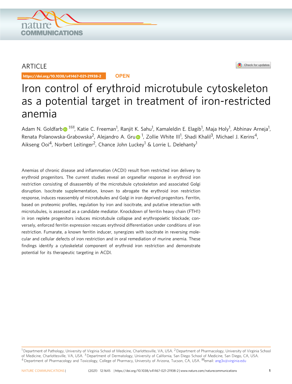 Iron Control of Erythroid Microtubule Cytoskeleton As a Potential Target in Treatment of Iron-Restricted Anemia ✉ Adam N