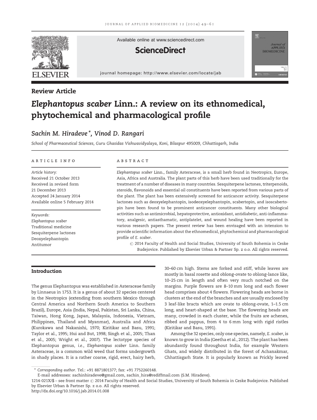 Elephantopus Scaber Linn.: a Review on Its Ethnomedical, Phytochemical and Pharmacological Proﬁle