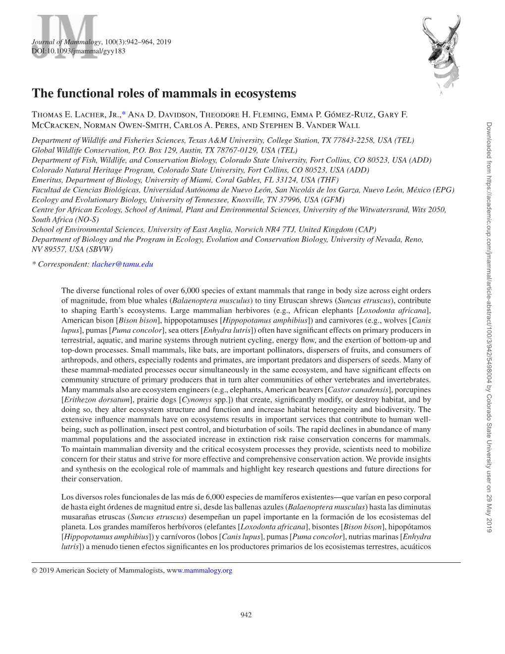 The Functional Roles of Mammals in Ecosystems