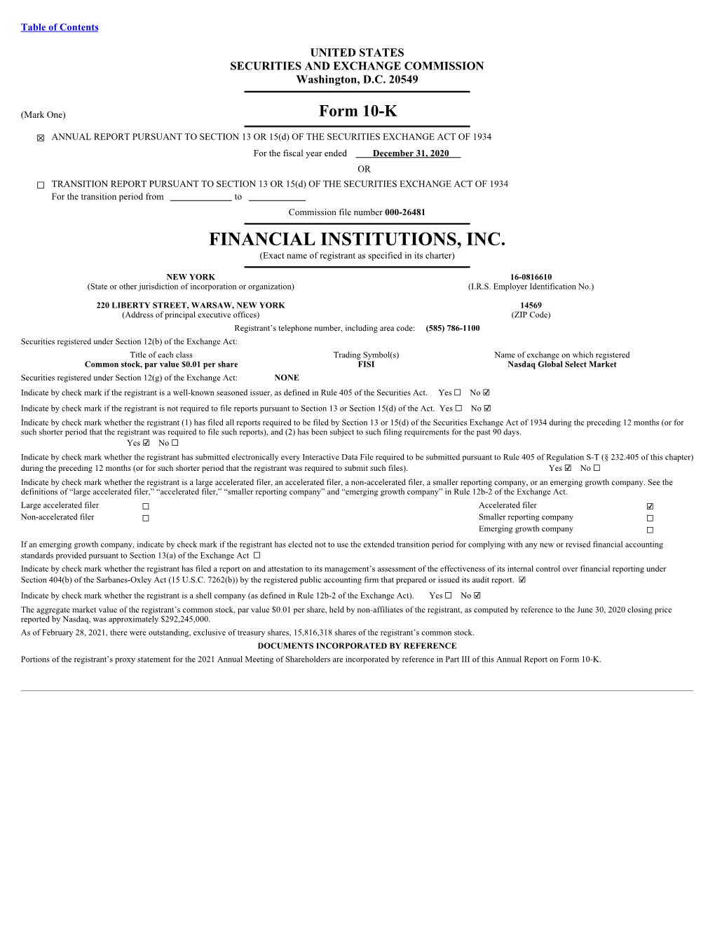 FINANCIAL INSTITUTIONS, INC. (Exact Name of Registrant As Specified in Its Charter)