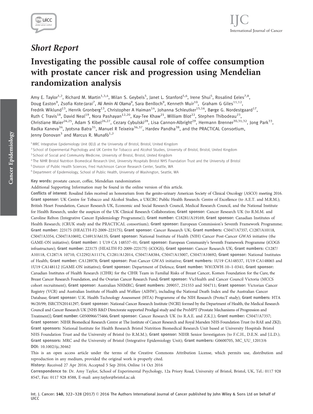 Investigating the Possible Causal Role of Coffee Consumption with Prostate Cancer Risk and Progression Using Mendelian Randomization Analysis