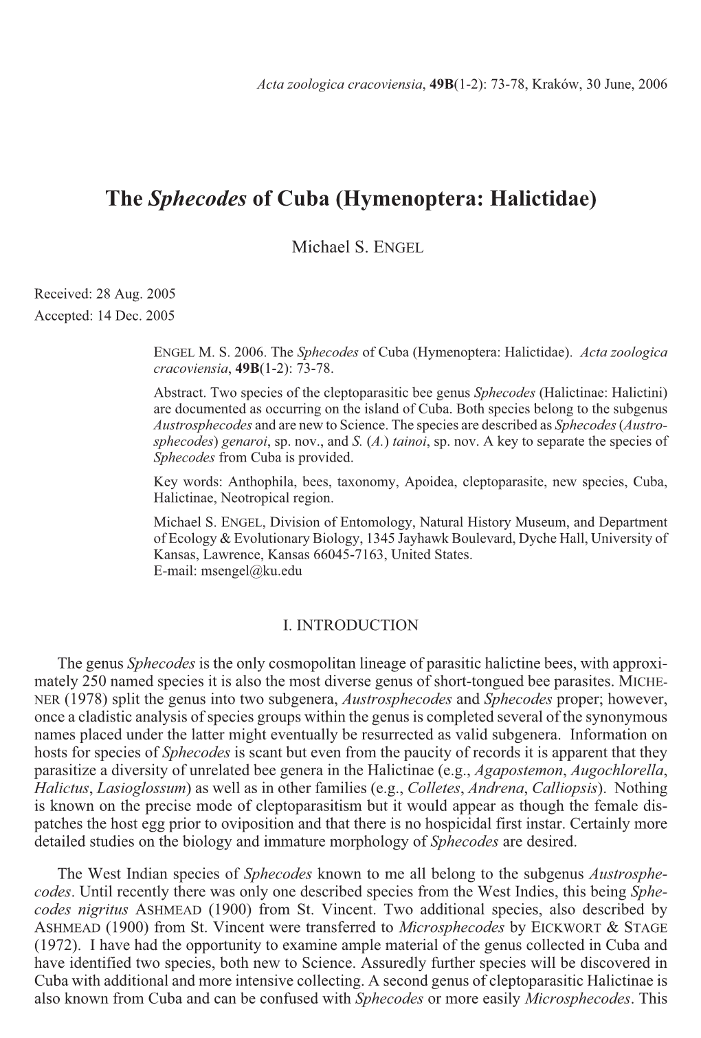 The <I>Sphecodes</I> of Cuba (Hymenoptera: Halictidae)